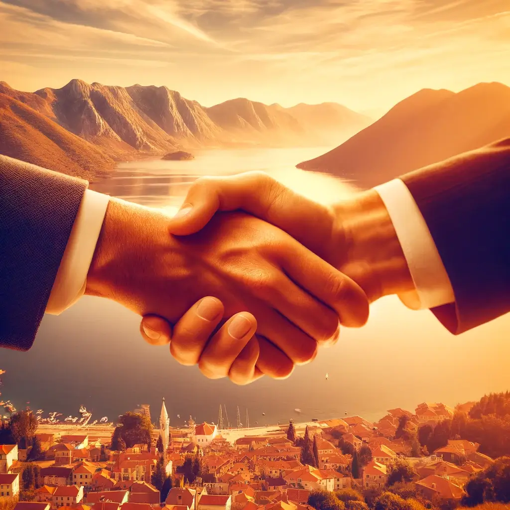 A business partnership handshake in front of a picturesque landscape of Montenegro, with the serene Adriatic Sea and rugged mountain ranges in the background.