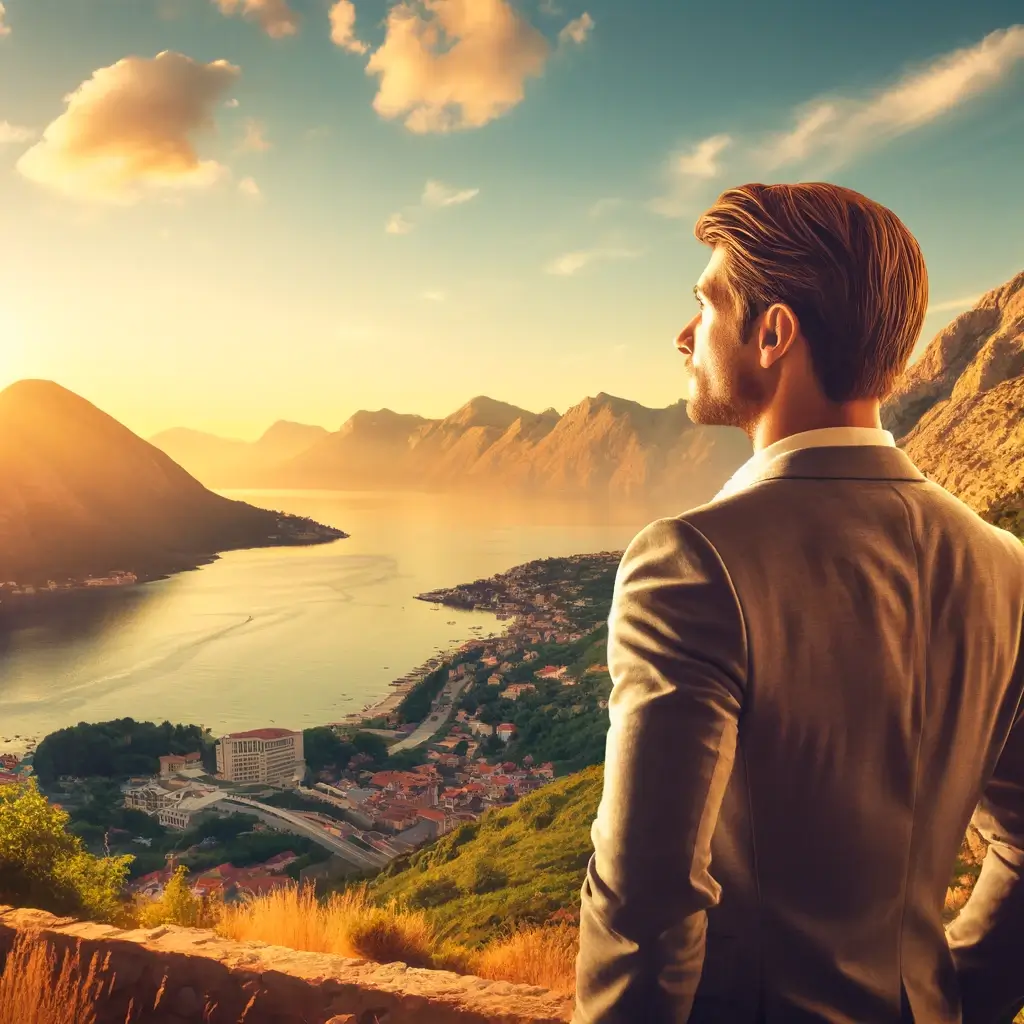 An image of a successful businessman looking out over the picturesque landscape of Montenegro, with the serene Adriatic Sea and rugged mountain ranges in the background.